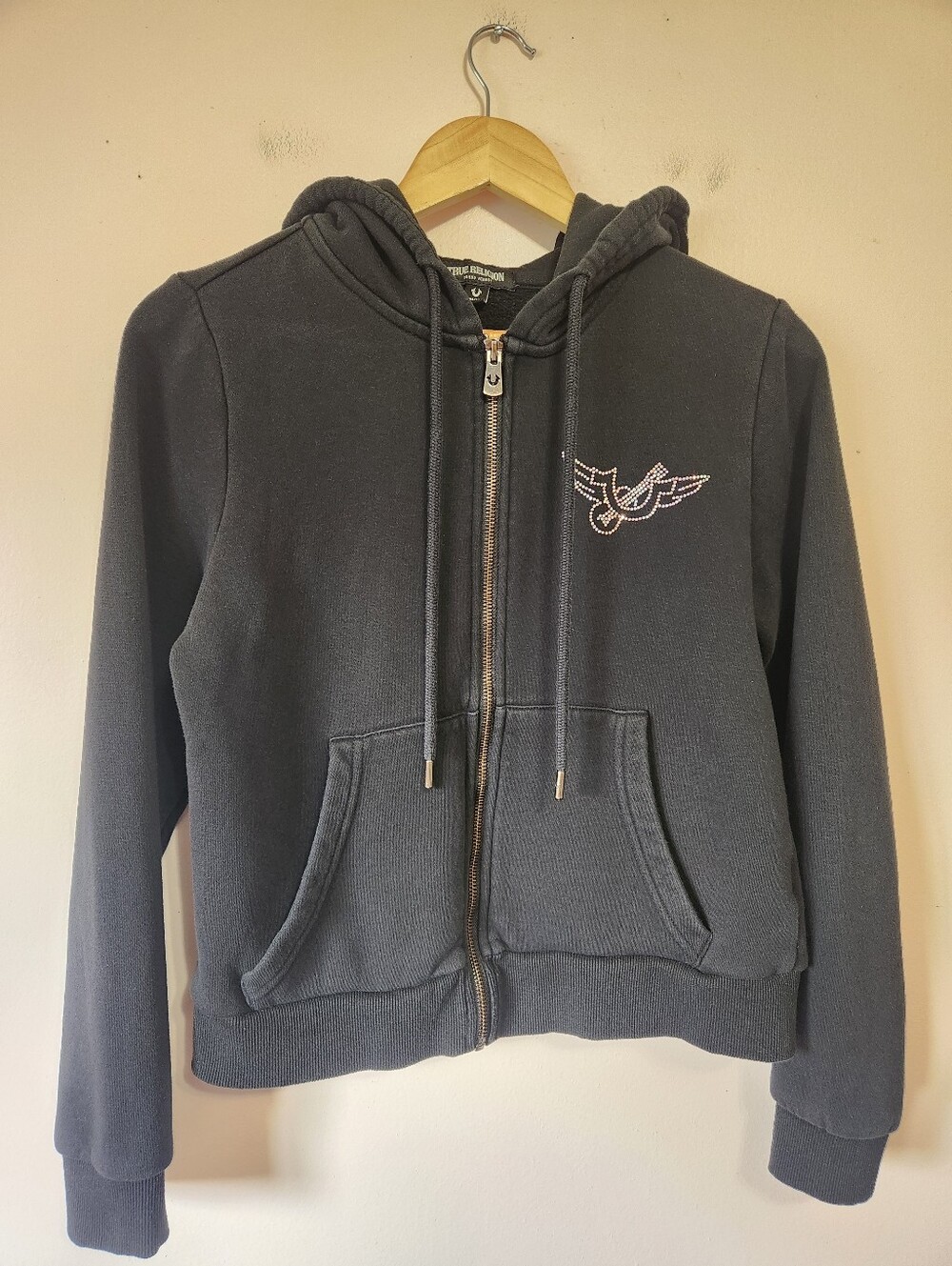 True Religion Retro HS Classic Rhinestone World Tour Black Zip Up Hoodie Size M